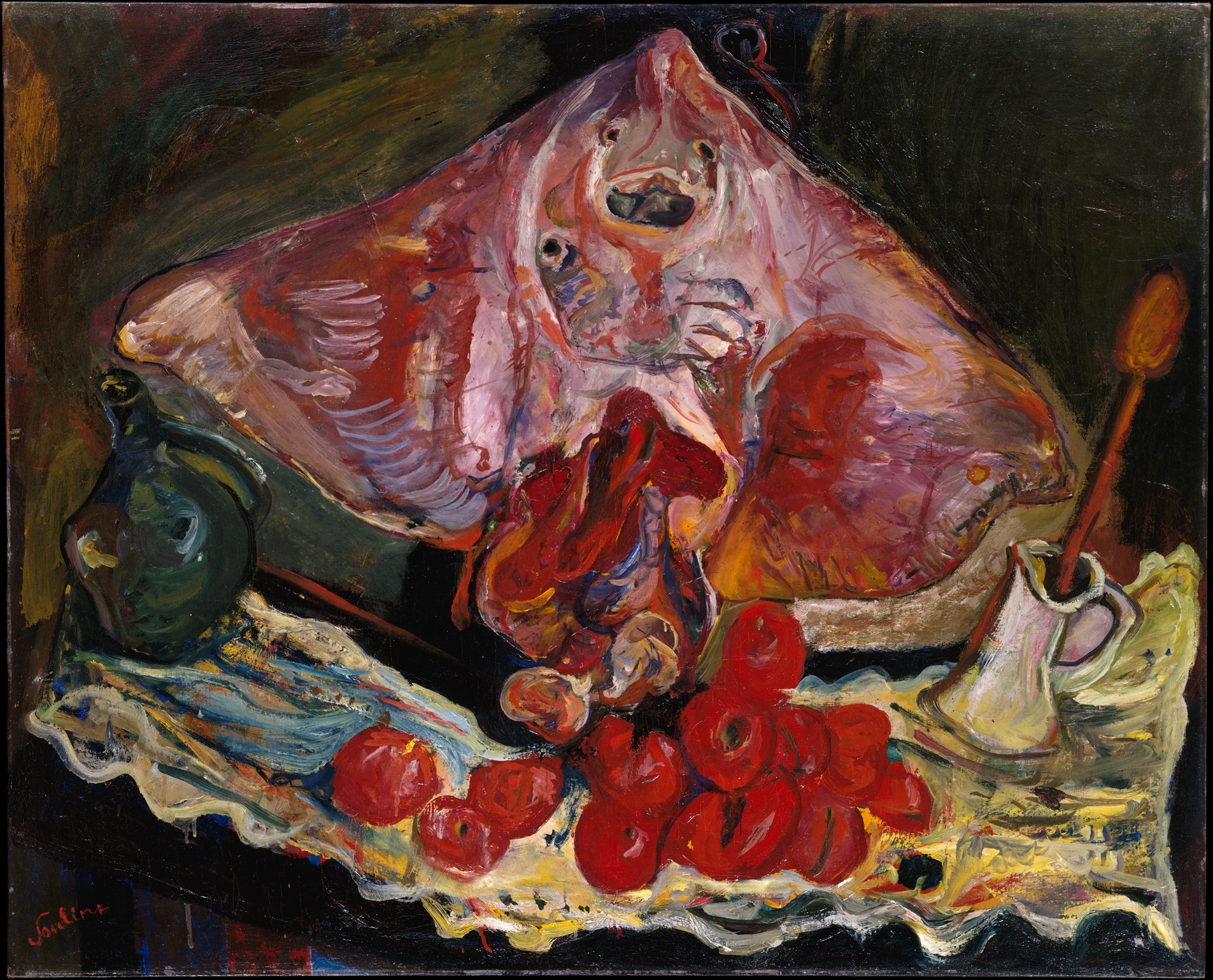 Still Life with Rayfish, a painting depicting a large rayfish, tomatoes, a jug, and a bottle on a draped cloth, showcasing a historical still life composition.