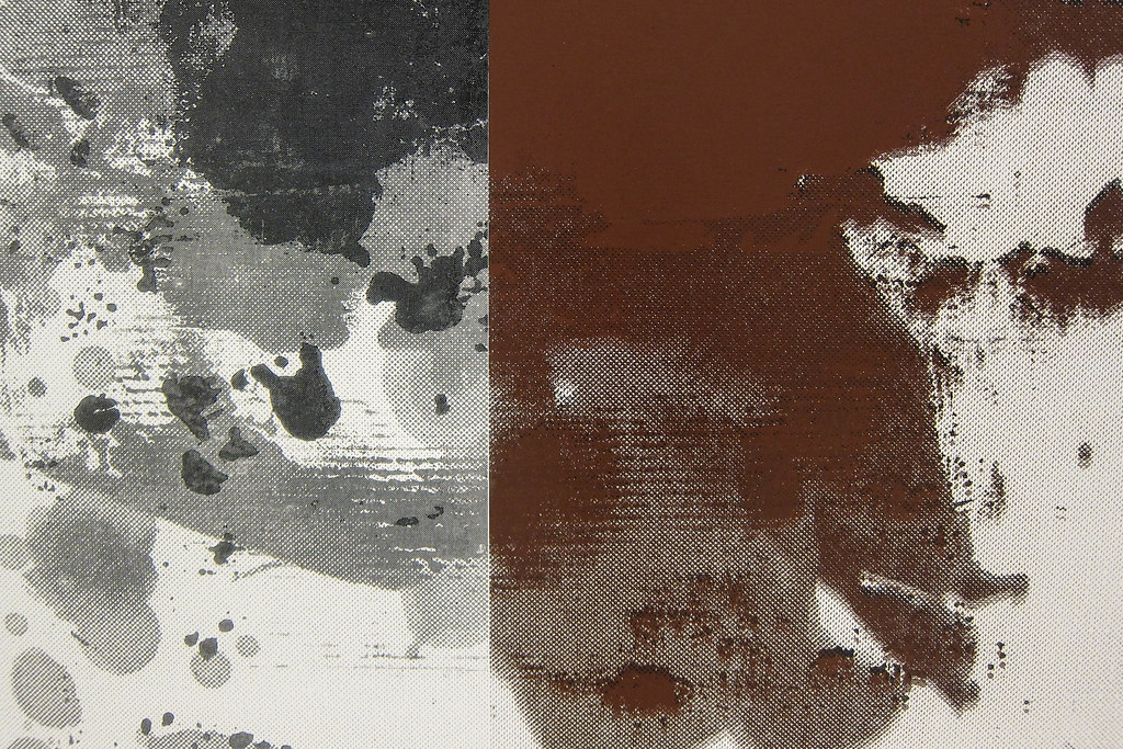 Close-up of Christopher Wool's Untitled 2012 artwork, featuring abstract black and brown paint on a white, halftone-patterned canvas.