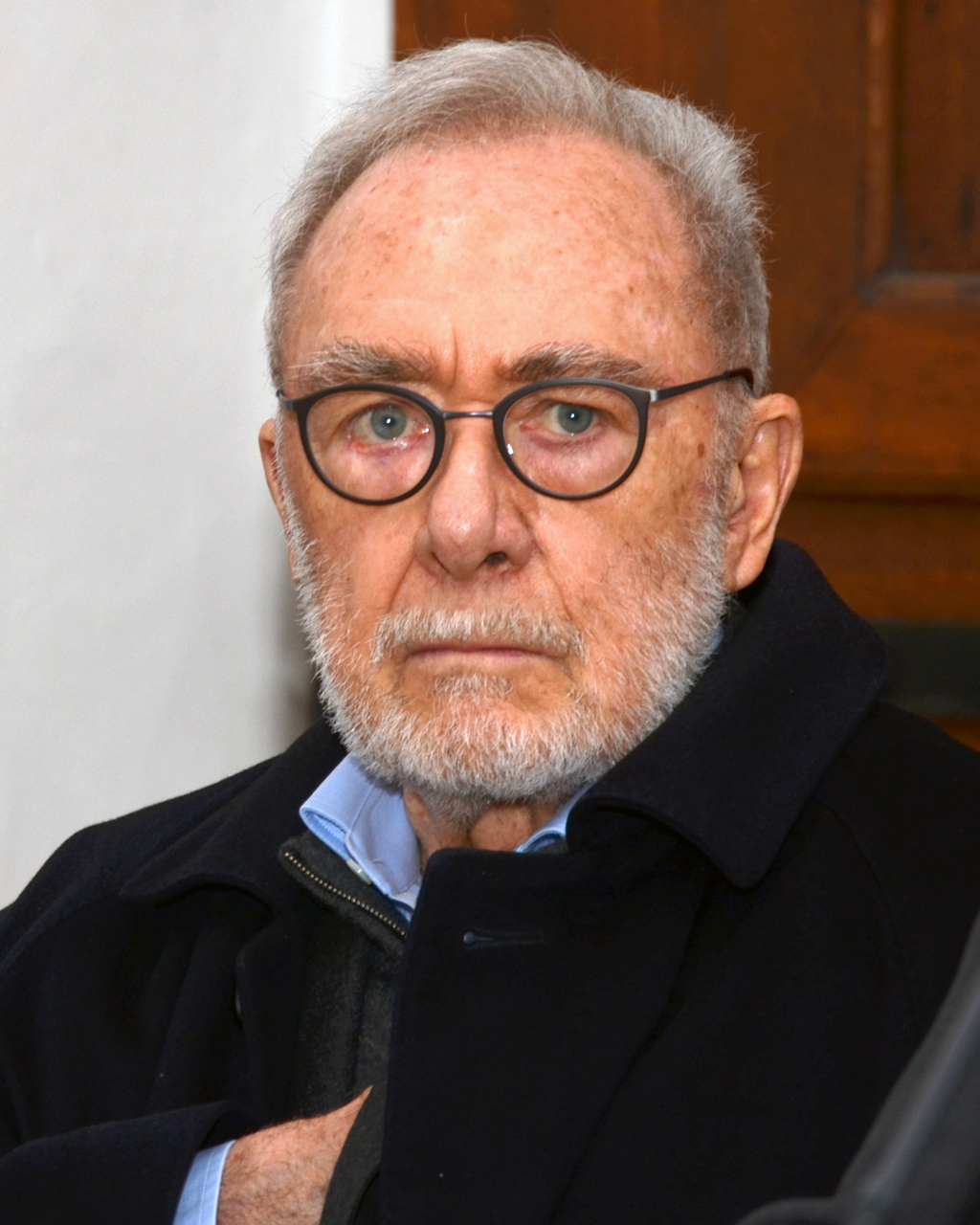 Portrait of German artist Gerhard Richter, an older man with grey hair, a beard, and glasses, looking directly at the viewer.