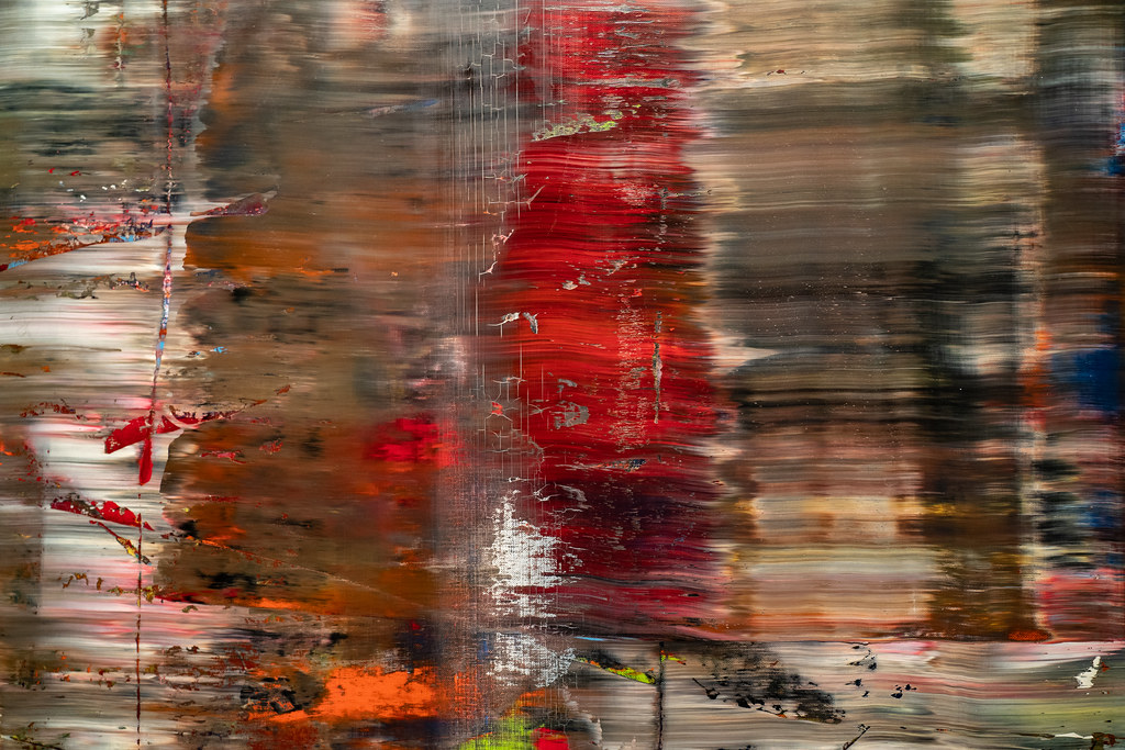 Close-up of Gerhard Richter's Abstract Painting (726), showing vibrant red, brown, and white horizontal streaks with a textured, scraped effect.