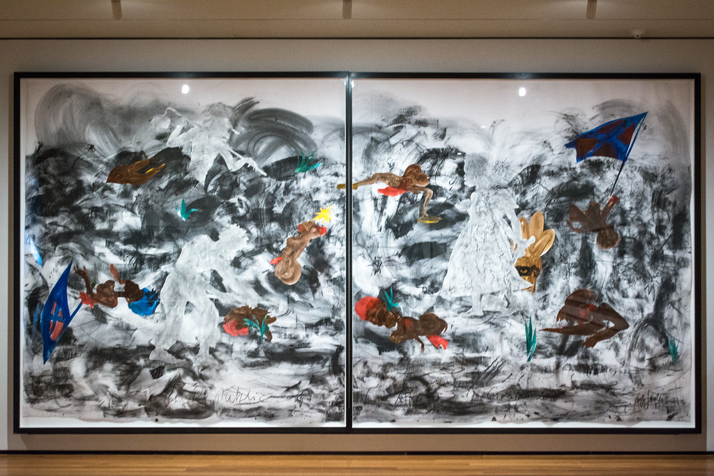 Large abstract painting, 'Republic of New Afrika at a Crossroads,' featuring figures and a blue flag on a turbulent black and white background, from the Cleveland Museum of Art.