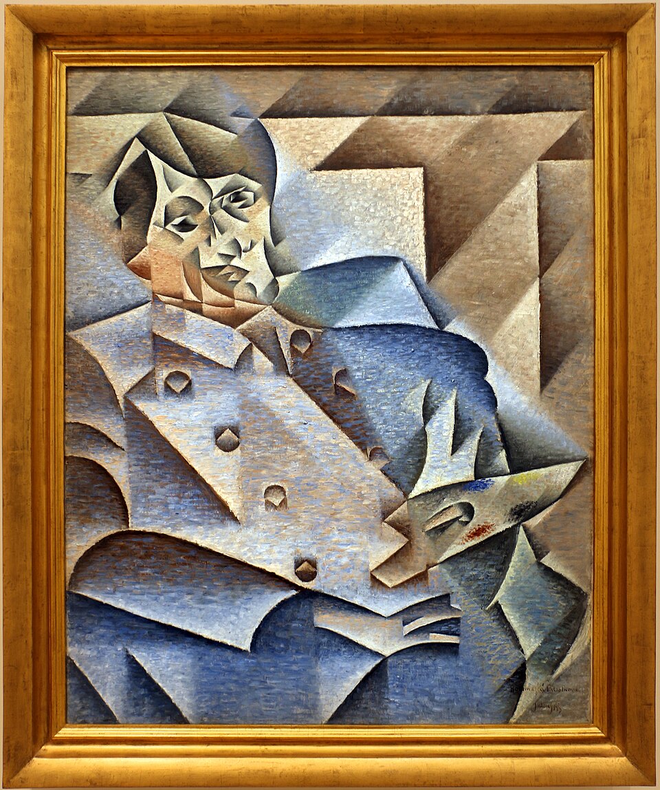 Cubist portrait of Pablo Picasso by Juan Gris, featuring geometric shapes and muted tones.