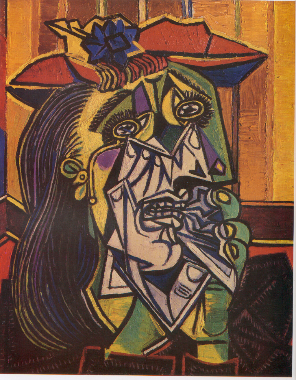 Cubist portrait of a woman crying, holding a handkerchief to her face.