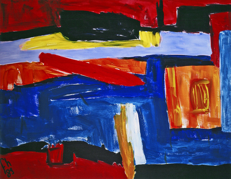 Abstract expressionist painting with bold strokes of red, blue, orange, yellow, black, and white.