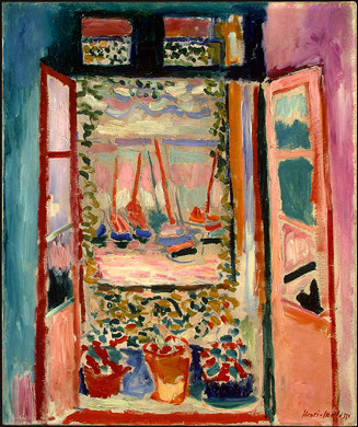 Painting of an open window overlooking sailboats on water.