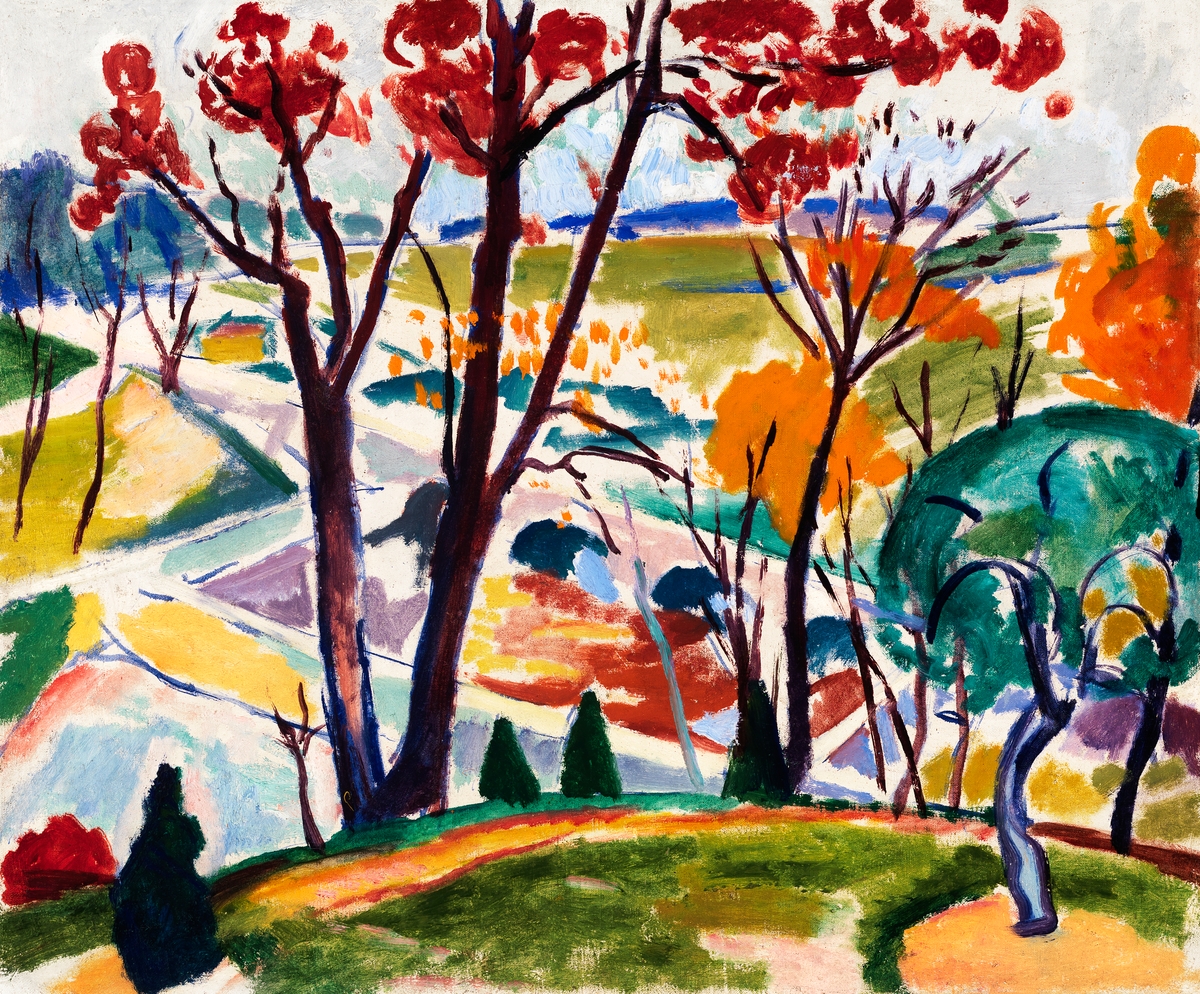 Henry Lyman Sayen painting, likely "Landscape, Bridge, Huntingdon Valley," showing a colorful, stylized landscape with trees in autumn colors and a suggestion of a bridge.