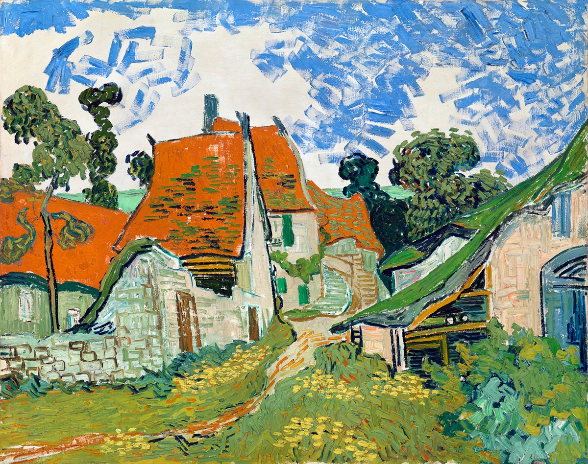 Vincent van Gogh painting, possibly "Village Street in Auvers," depicting houses with red and green roofs, a path with yellow flowers, and green trees under a blue and white sky, rendered with thick brushstrokes.
