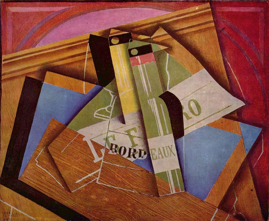 Juan Gris painting "Still Life with a Bottle of Bordeaux," a Synthetic Cubist work with overlapping geometric shapes and text fragments.