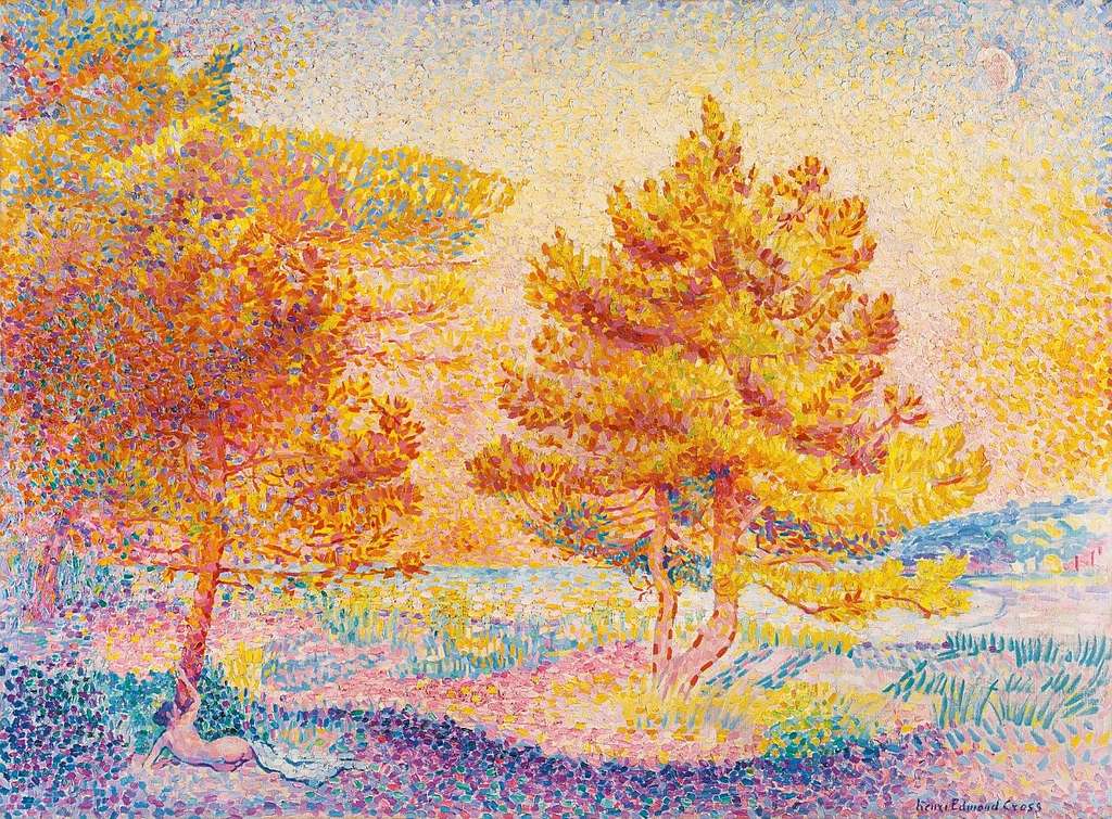 Pointillist painting by Henri-Edmond Cross, "Les Pins" (The Pines), depicting two prominent pine trees in a vibrant, sun-drenched landscape with colorful dots.