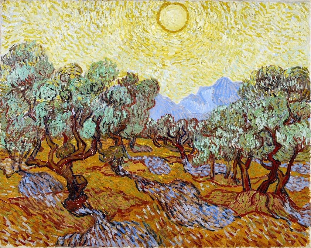 Vincent van Gogh's "Olive Trees with Yellow Sky and Sun" showing olive trees in a landscape under a bright yellow sky and sun, with mountains in the distance.