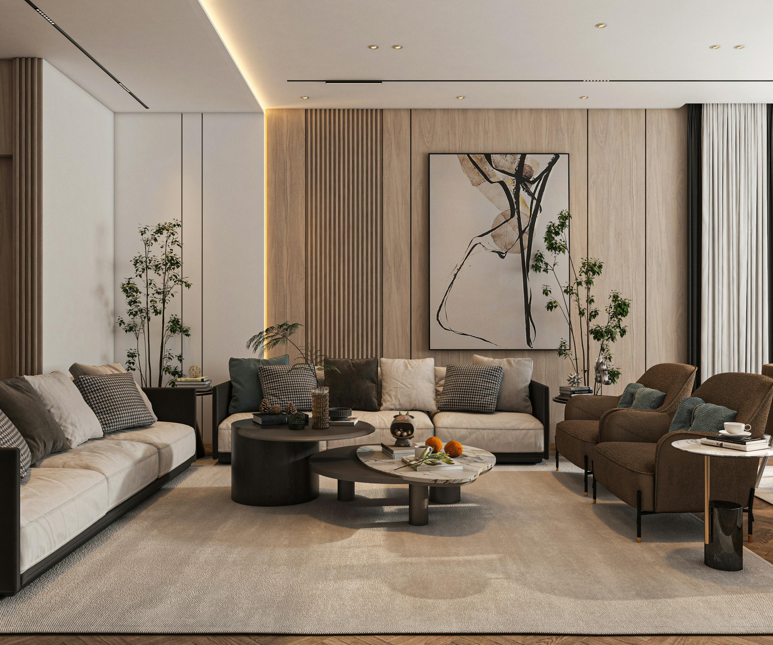 Spacious modern living room with neutral tones, featuring two sofas, armchairs, layered coffee tables, and abstract artwork on a wood-paneled wall.