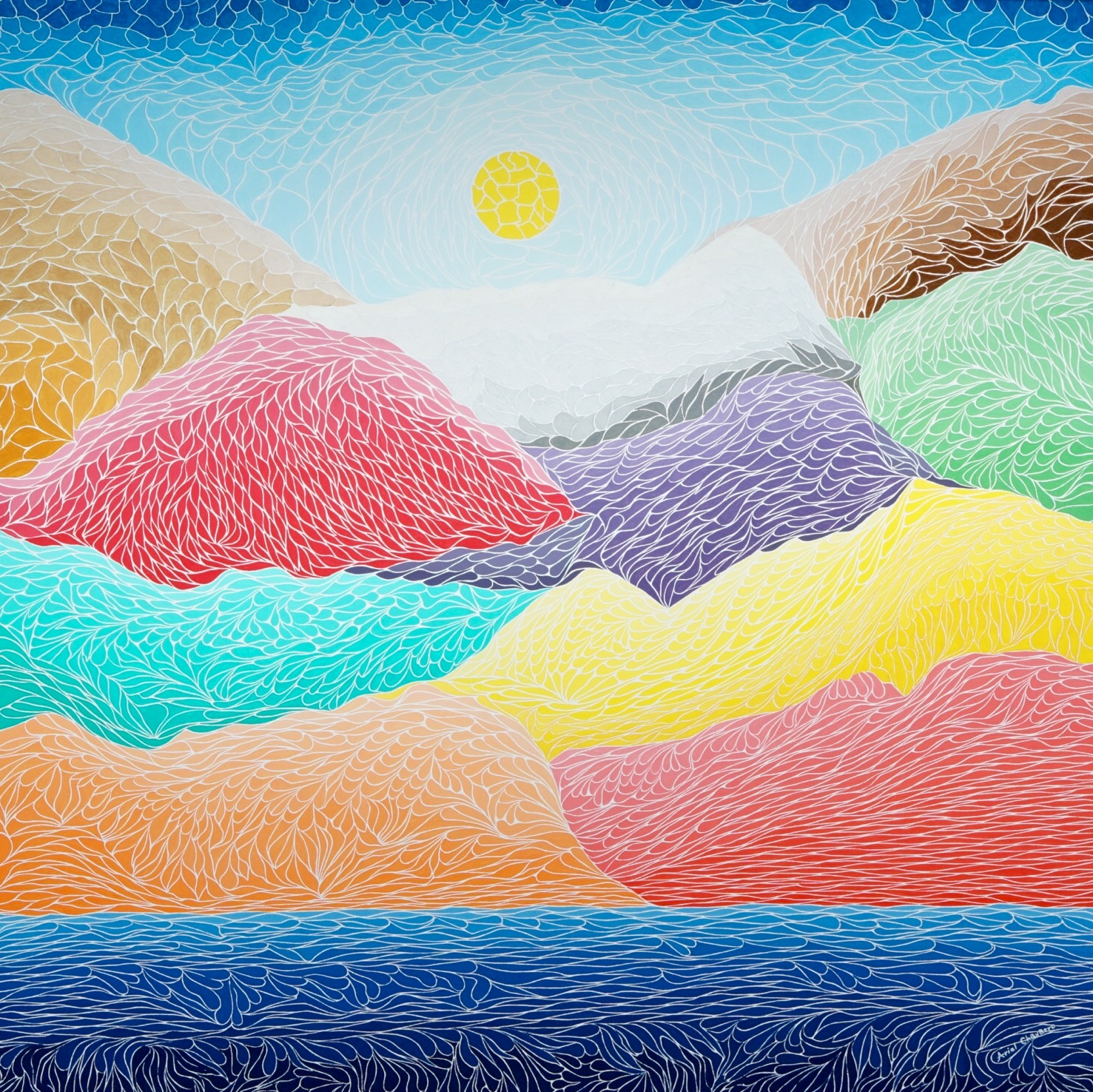 Colorful abstract mountain landscape with swirling lines, a yellow sun, and blue water.