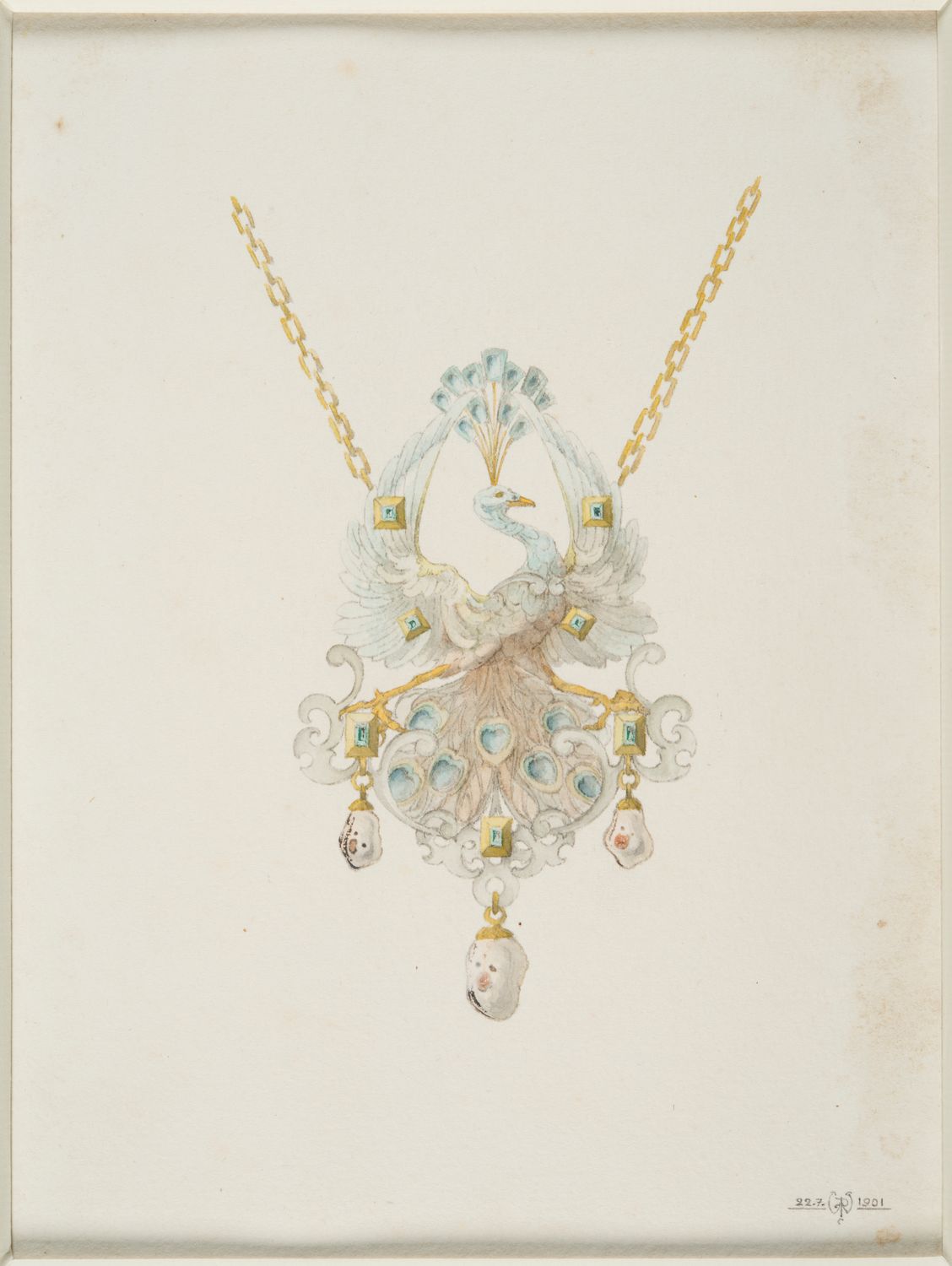 Art Nouveau pendant design featuring a white peacock with blue and green gemstone accents, suspended by a gold chain.